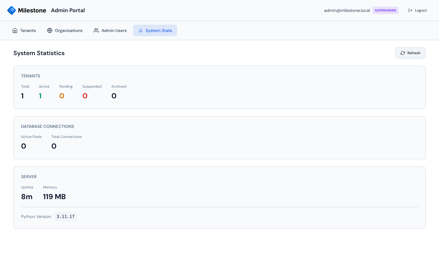 Admin Portal — System Stats tab with tenant, connection-pool, and server panels